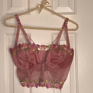 Victoria’s Secret Floral Embroidered Bustier Crop Top Pink Mesh Size Small DD